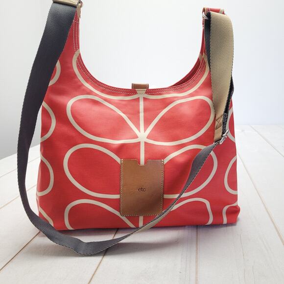 Etc Orla Kiely giant linear stem laminated cotton red orange crossbody bag purse - Picture 1 of 10